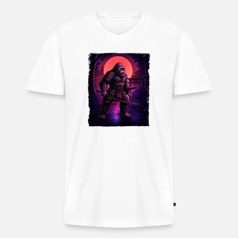 Samurai Bigfoot Kryptid Sasquatch Yeti Jäger - Männer Premium Bio T-Shirt mit V-Ausschnitt - Weiß
