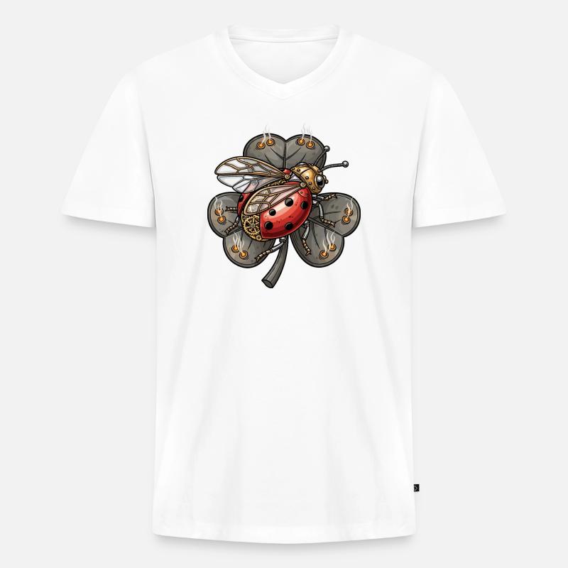 Steampunk Marienkäfer auf Kleeblatt - Männer Premium Bio T-Shirt mit V-Ausschnitt - Weiß