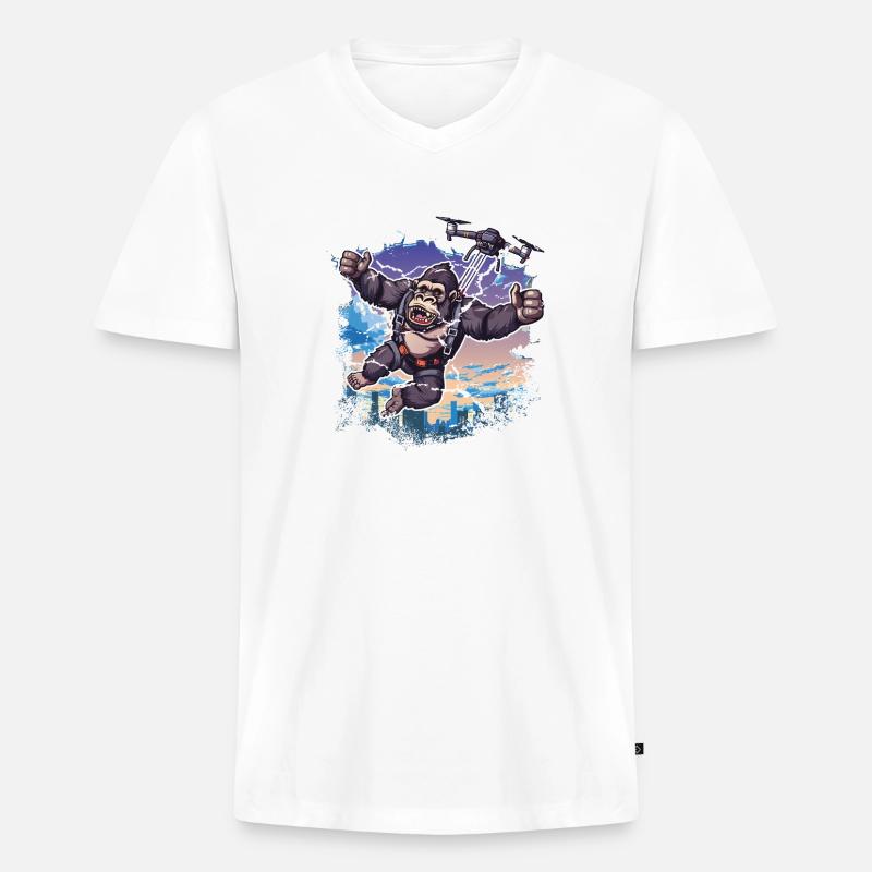 Gorilla Drohne Kinder lustig - Männer Premium Bio T-Shirt mit V-Ausschnitt - Weiß