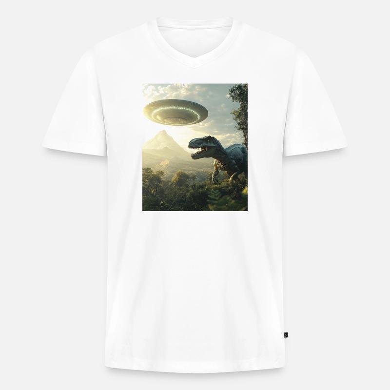 T-Rex Selfie mit UFO - Männer Premium Bio T-Shirt mit V-Ausschnitt - Weiß