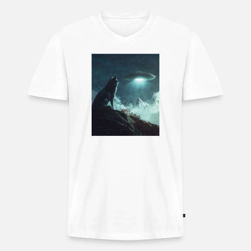 Wolf Selfie mit UFO - Männer Premium Bio T-Shirt mit V-Ausschnitt - Weiß