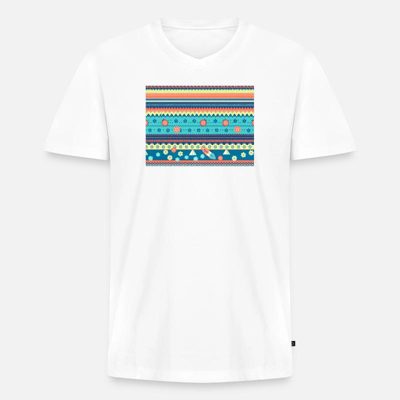 Farbenfroher Boho Wintermuster - Männer Premium Bio T-Shirt mit V-Ausschnitt - Weiß