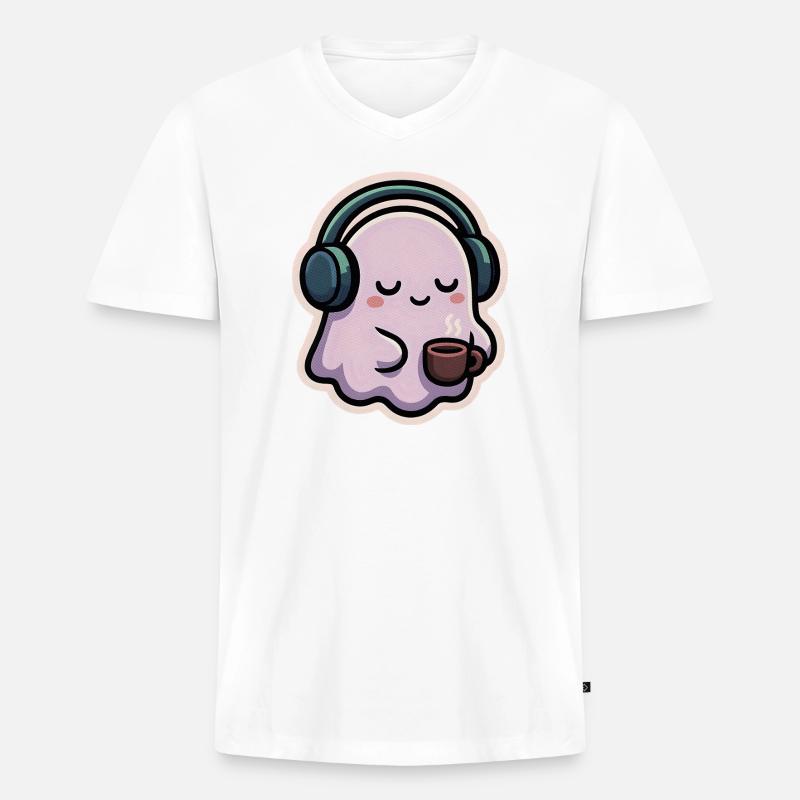 Entspannter Geist mit Kopfhörern und Kaffee - Männer Premium Bio T-Shirt mit V-Ausschnitt - Weiß