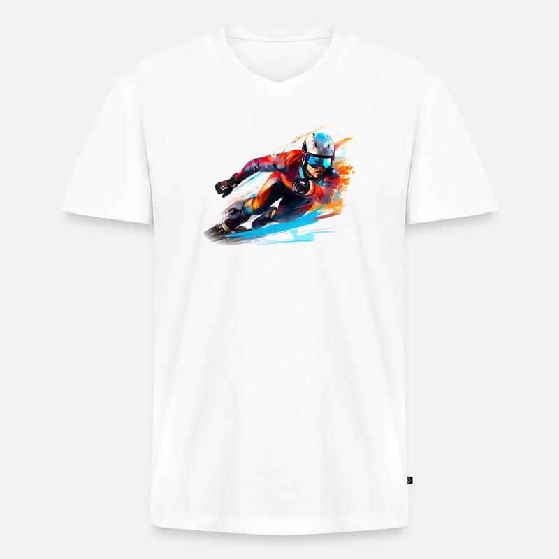 Fahrender Skirennfahrer mit Farbexplosion - Männer Premium Bio T-Shirt mit V-Ausschnitt - Weiß