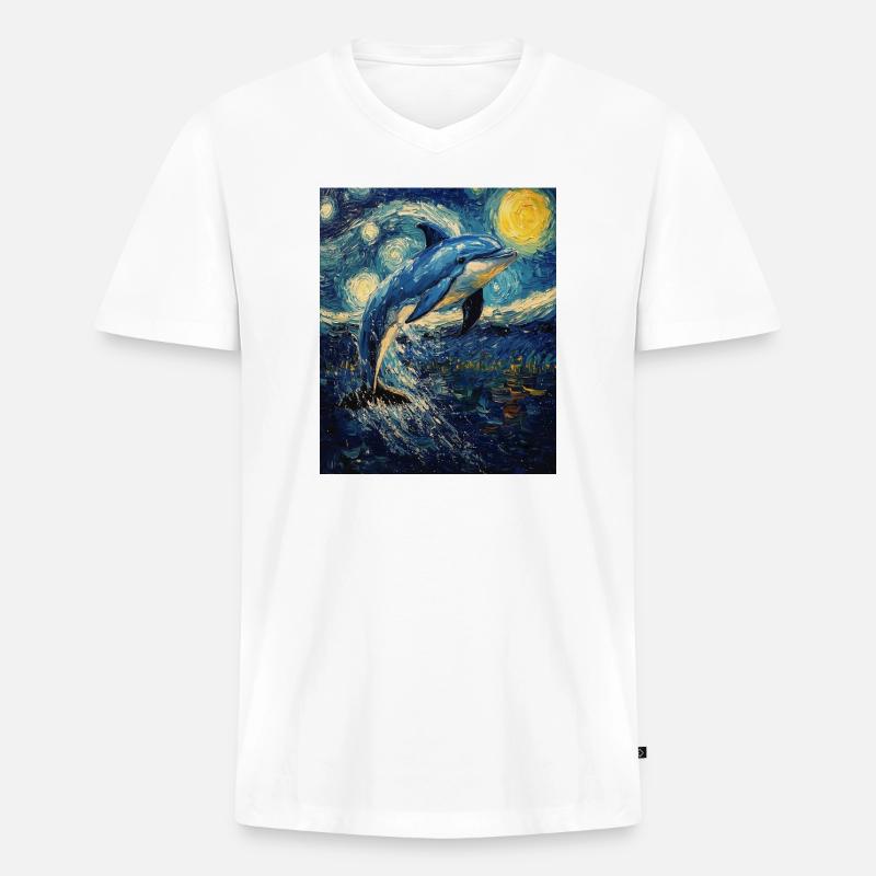 Delfin Van Gogh Style Starry  - Männer Premium Bio T-Shirt mit V-Ausschnitt - Weiß