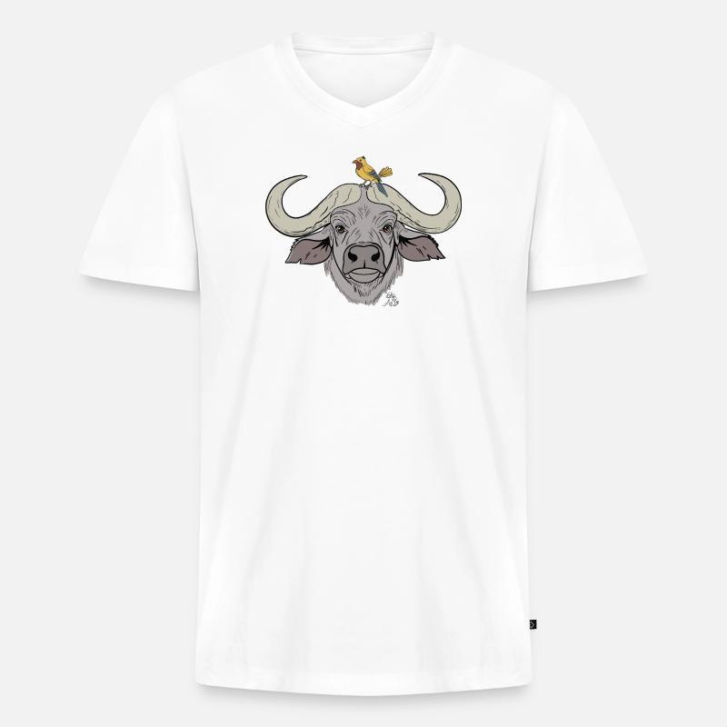 Stämmiger Büffel mit Singvogel - Männer Premium Bio T-Shirt mit V-Ausschnitt - Weiß