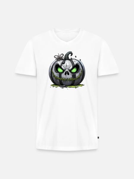 Grim Pumpkin Zombie with Green Eyes - Men's Premium Organic T-shirt with V-neck - white