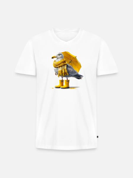 Seagull with yellow umbrella and boots - Men's Premium Organic T-shirt with V-neck - white