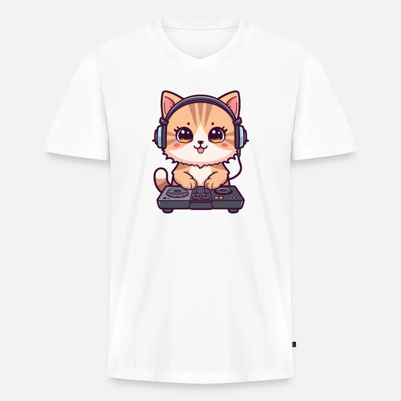 Katze als DJ mit Kopfhörer - Männer Premium Bio T-Shirt mit V-Ausschnitt - Weiß