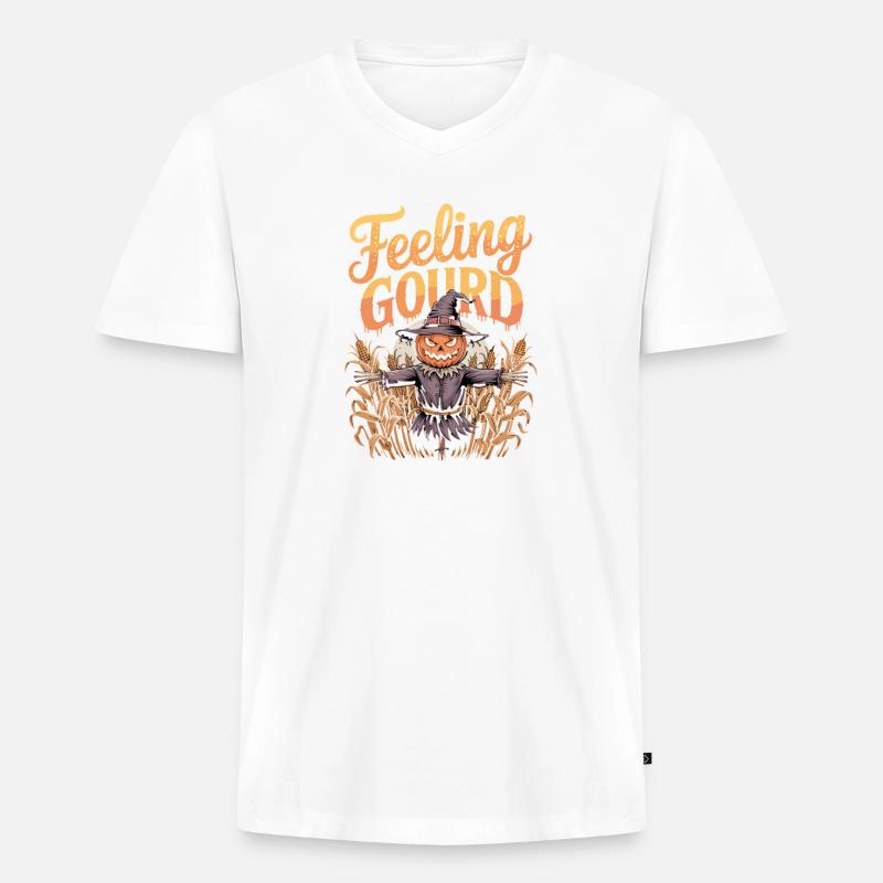 Feeling Gourd Halloween Kürbis Vogelscheuche - Männer Premium Bio T-Shirt mit V-Ausschnitt - Weiß