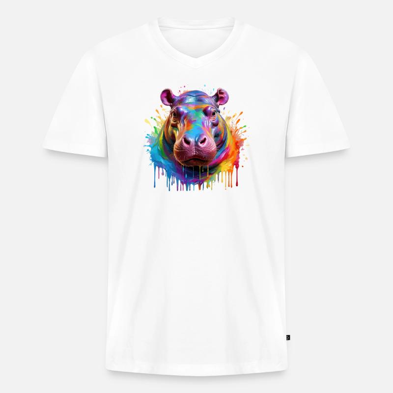 Bunter Hippo Farbexplosion - Männer Premium Bio T-Shirt mit V-Ausschnitt - Weiß