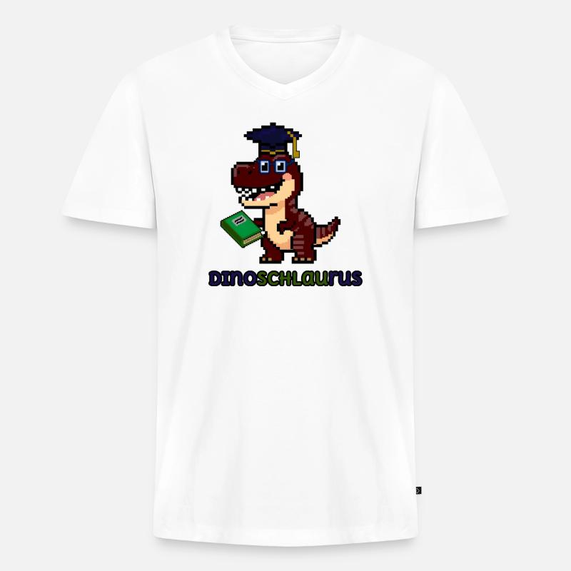 DinoSCHLAUrus - Pixel Art Dinosaurier mit Buch 🦖 - Männer Premium Bio T-Shirt mit V-Ausschnitt - Weiß