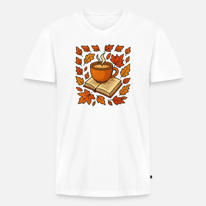 Herbstlese: Kaffee & Buch - Männer Premium Bio T-Shirt mit V-Ausschnitt - Weiß