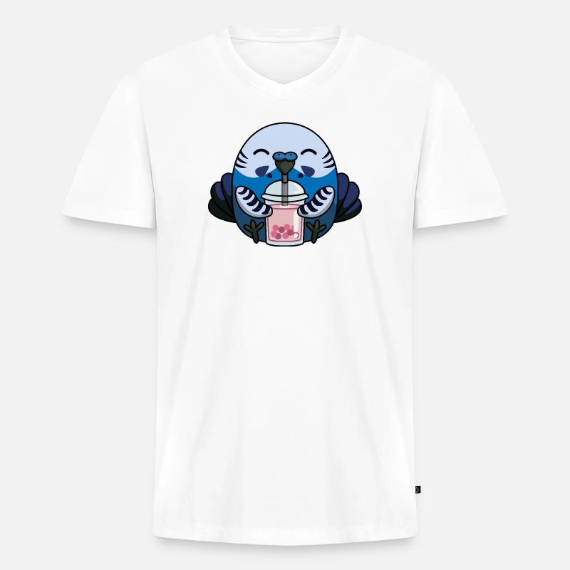 Blauer Wellensittich Vogel mit Bubble Tea - Männer Premium Bio T-Shirt mit V-Ausschnitt - Weiß