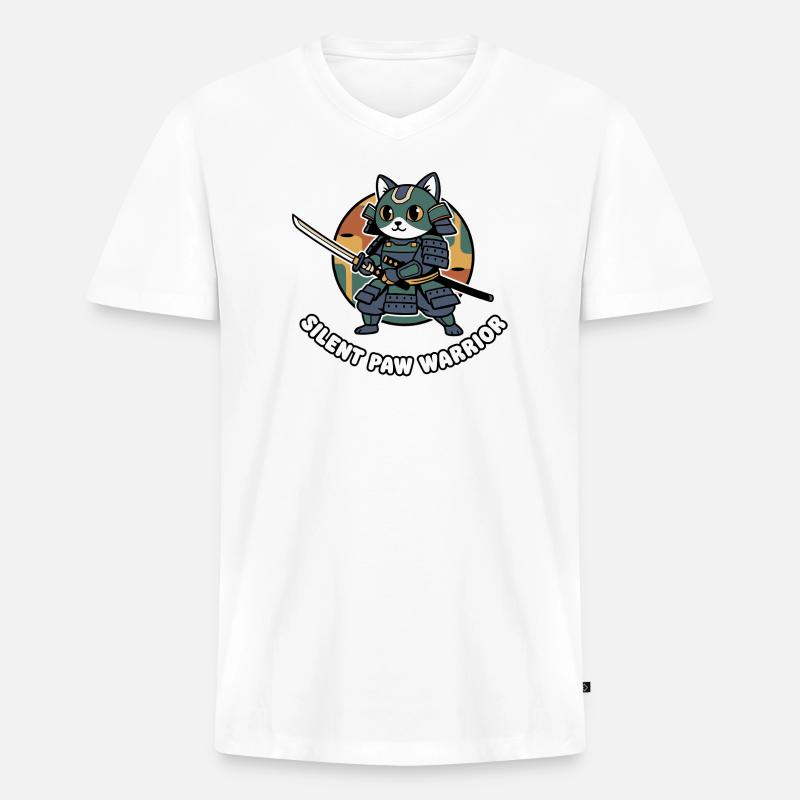 Stiller Pfoten Samurai-Krieger Katze - Männer Premium Bio T-Shirt mit V-Ausschnitt - Weiß