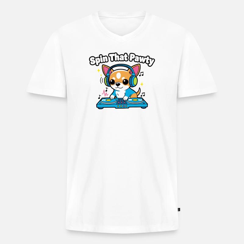 Spin That Pawty DJ Pup - Männer Premium Bio T-Shirt mit V-Ausschnitt - Weiß