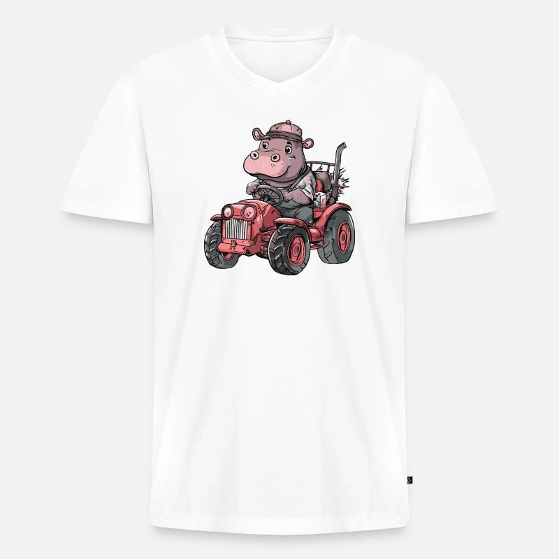 Nilpferd Traktor Farmer - Männer Premium Bio T-Shirt mit V-Ausschnitt - Weiß