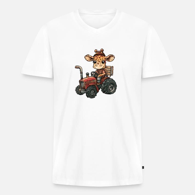 Giraffe Traktor Farmer - Männer Premium Bio T-Shirt mit V-Ausschnitt - Weiß