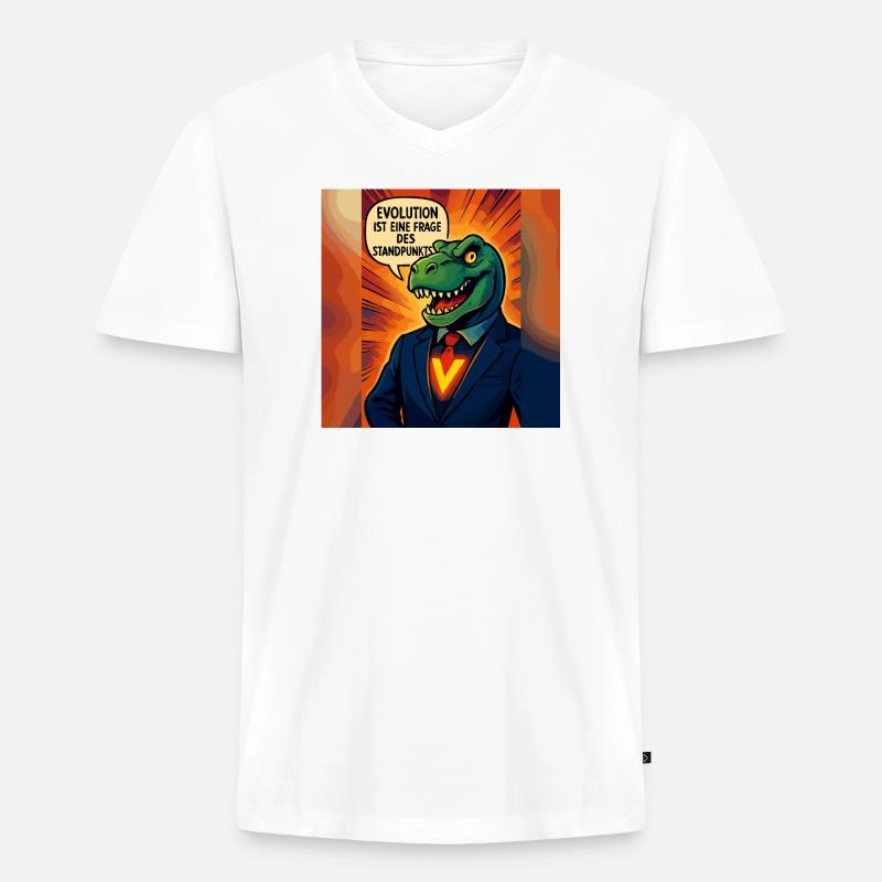 Dino im Anzug – Evolution ist Ansichtssache - Männer Premium Bio T-Shirt mit V-Ausschnitt - Weiß
