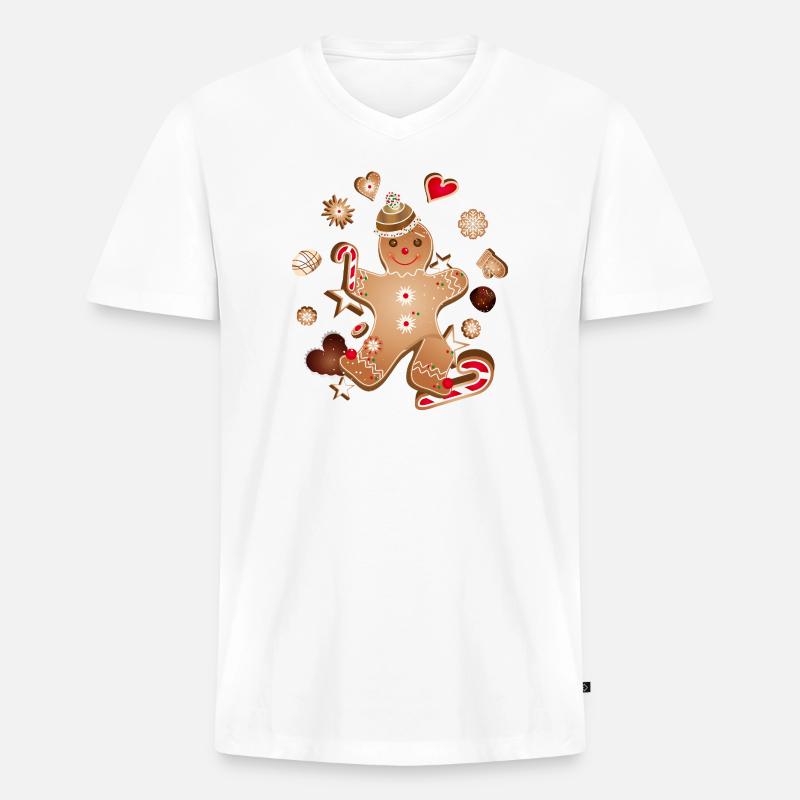 Fröhlicher Lebkuchenmann mit Weihnachtsplätzchen - Männer Premium Bio T-Shirt mit V-Ausschnitt - Weiß
