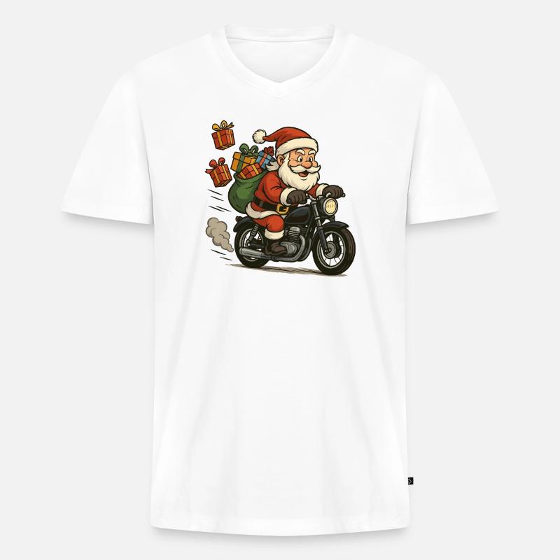 Weihnachtsmann auf Motorrad mit Geschenken - Männer Premium Bio T-Shirt mit V-Ausschnitt - Weiß