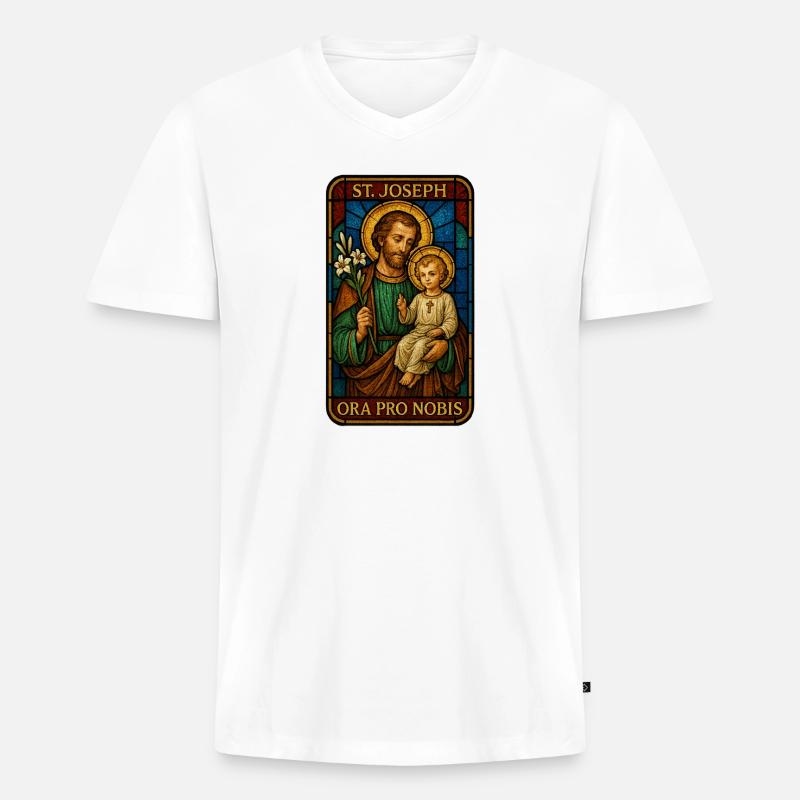 St Josef Ikon: Vater mit Kind - Männer Premium Bio T-Shirt mit V-Ausschnitt - Weiß
