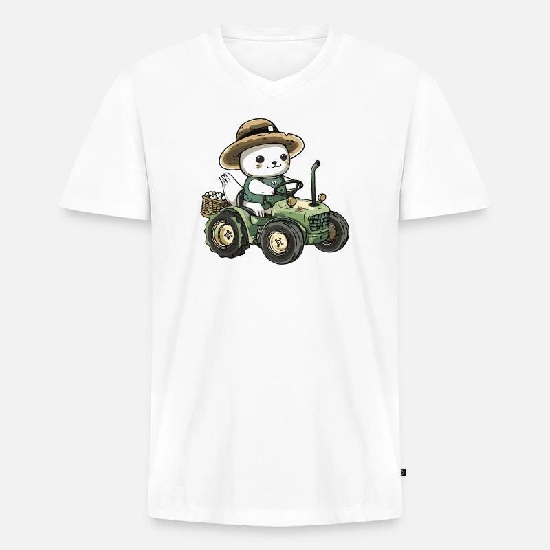 Robbe Tier Traktor Farmer - Männer Premium Bio T-Shirt mit V-Ausschnitt - Weiß