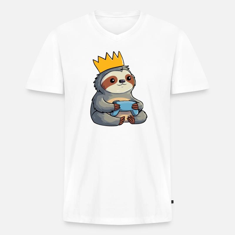 Faultier mit Krone und controller - Männer Premium Bio T-Shirt mit V-Ausschnitt - Weiß