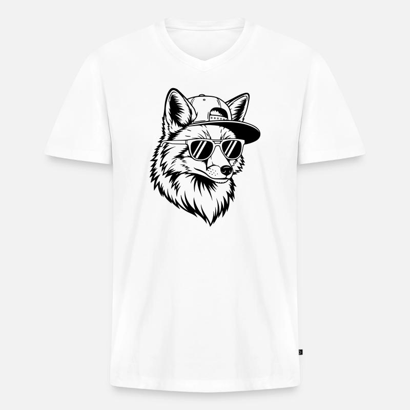 Cooler Fuchs mit Cap und Sonnenbrille - Männer Premium Bio T-Shirt mit V-Ausschnitt - Weiß