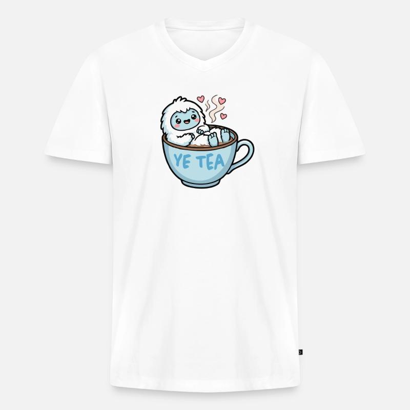 Yeti im Teebecher - Männer Premium Bio T-Shirt mit V-Ausschnitt - Weiß