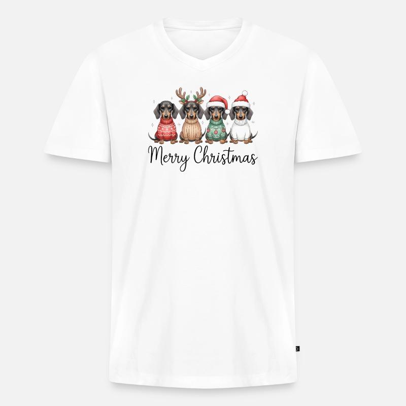 Vier Dackel, Dachshunde in Weihnachtspullover - Männer Premium Bio T-Shirt mit V-Ausschnitt - Weiß