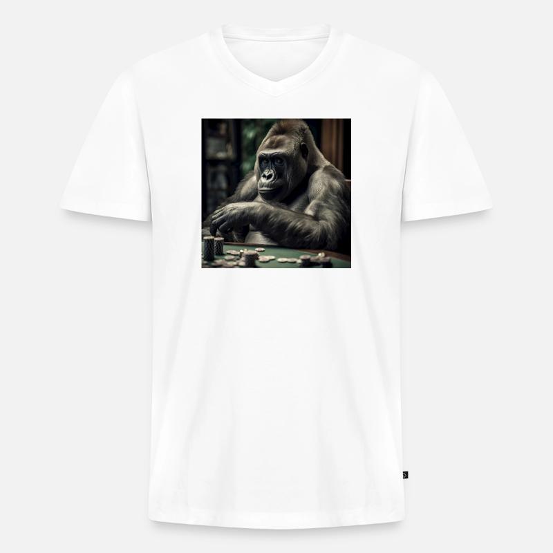 Gorilla am Pokertisch – Kaltblütiger Profi - Männer Premium Bio T-Shirt mit V-Ausschnitt - Weiß