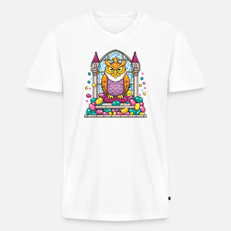 Kronen Eule Thron vor Glasfenster - Männer Premium Bio T-Shirt mit V-Ausschnitt - Weiß