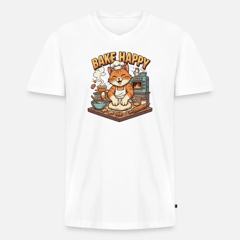 Backfreude Katze Bäckt Cookies - Männer Premium Bio T-Shirt mit V-Ausschnitt - Weiß