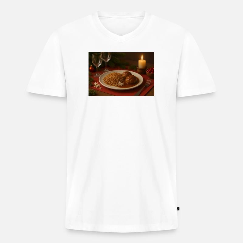 Festlicher Buchweizen-Fleischbällchen Teller - Männer Premium Bio T-Shirt mit V-Ausschnitt - Weiß