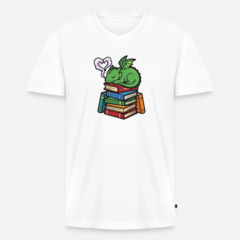 Süßes Buch-Drachen-Lese-Fantasie-Geschenk - Männer Premium Bio T-Shirt mit V-Ausschnitt - Weiß