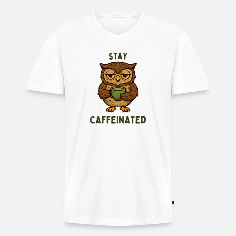 Bleib Kaffeiniert – Eulenmotiv - Männer Premium Bio T-Shirt mit V-Ausschnitt - Weiß