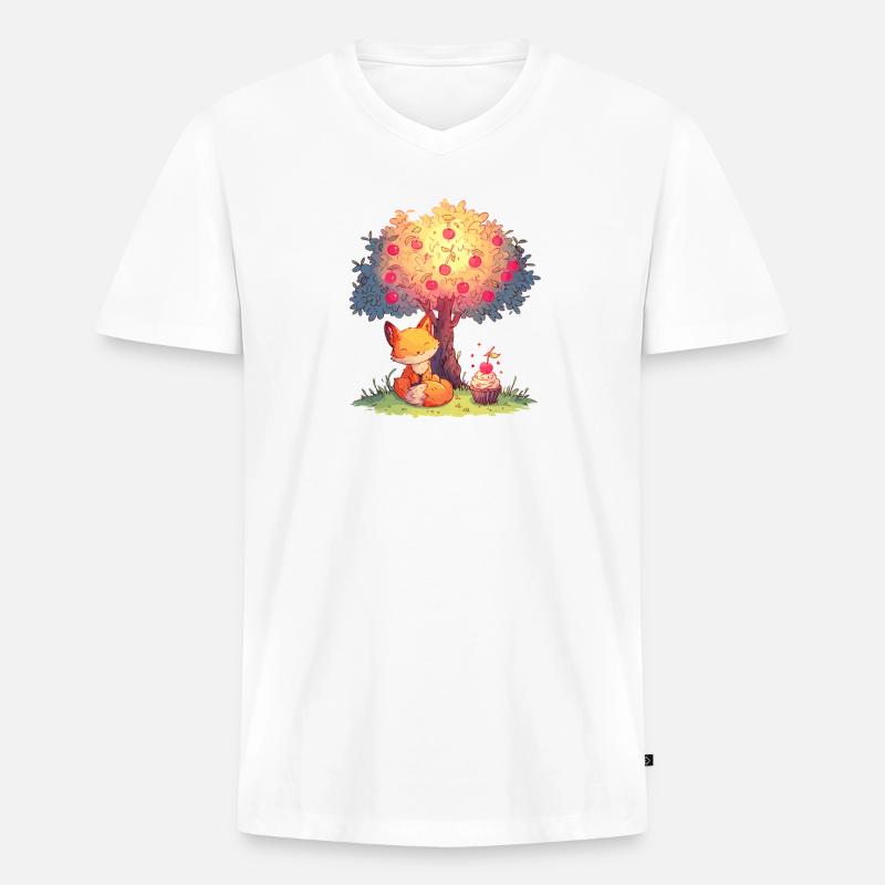 Fuchs am Apfelbaum mit Cupcake - Männer Premium Bio T-Shirt mit V-Ausschnitt - Weiß