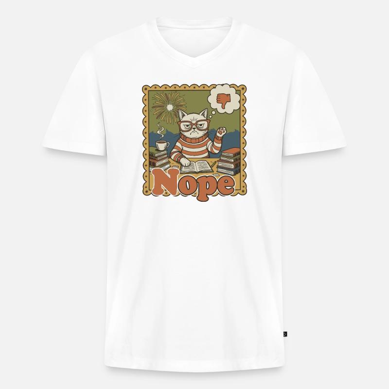 Nein Katze: Retro Nerd Schreibtischkunst - Männer Premium Bio T-Shirt mit V-Ausschnitt - Weiß