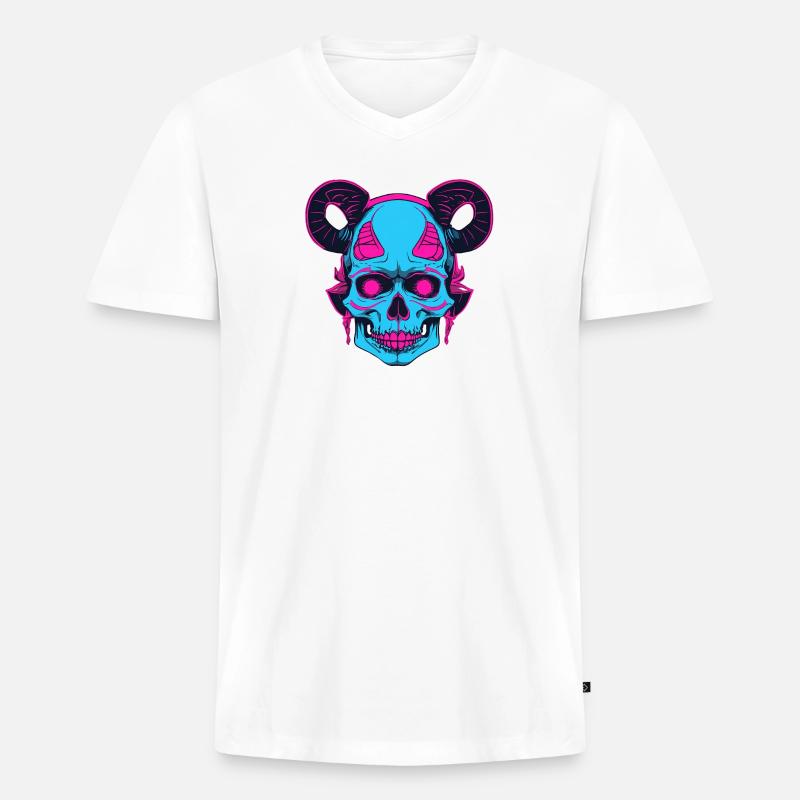 Neon Schädel mit Ramshorn - Männer Premium Bio T-Shirt mit V-Ausschnitt - Weiß