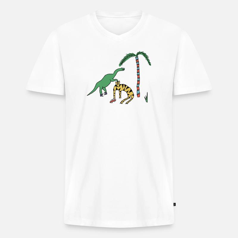 Tiger & Dino  - Männer Premium Bio T-Shirt mit V-Ausschnitt - Weiß