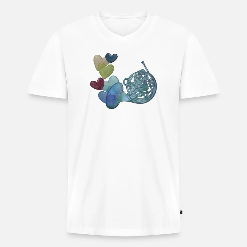 Herznote-Horn mit bunten Herzen - Männer Premium Bio T-Shirt mit V-Ausschnitt - Weiß