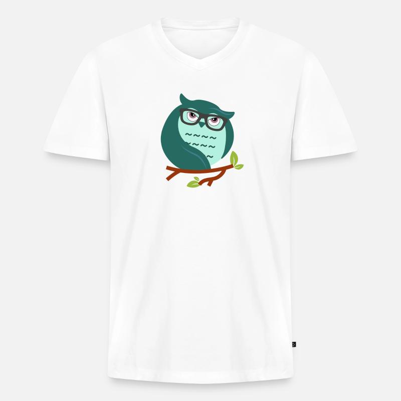 Cartoon-Eule mit schicke Brille - Männer Premium Bio T-Shirt mit V-Ausschnitt - Weiß