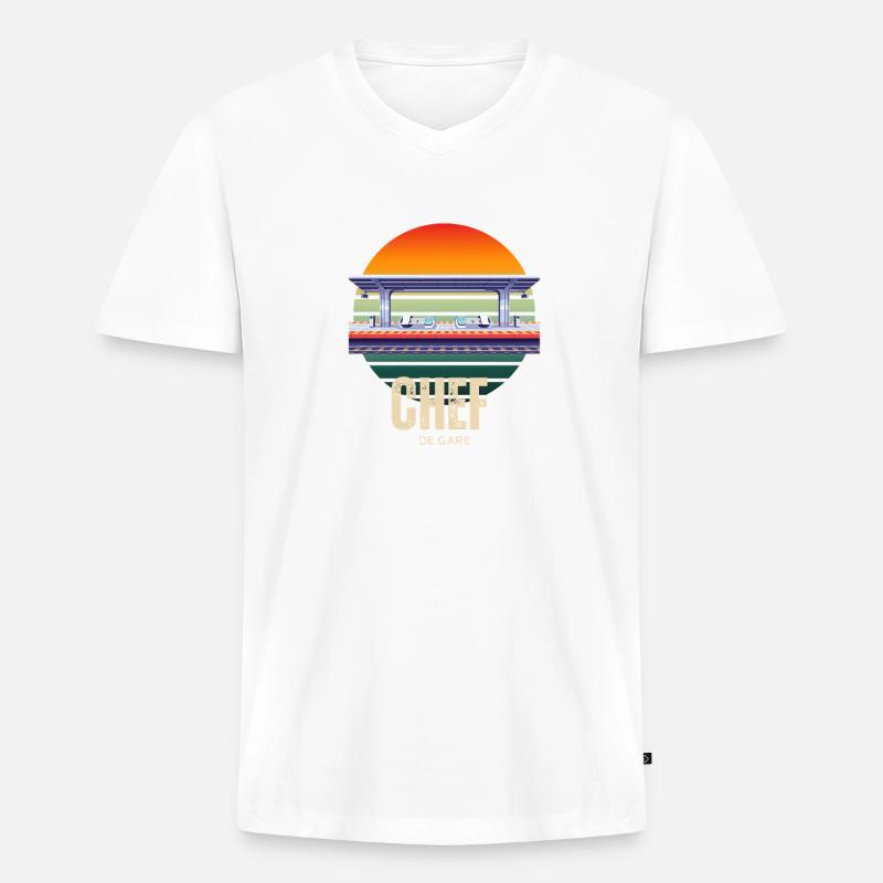 Station Master Retro Sunset Train - Männer Premium Bio T-Shirt mit V-Ausschnitt - Weiß