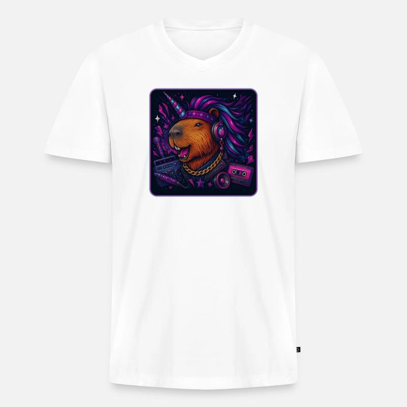 Capybara Einhorn Retro DJ - Männer Premium Bio T-Shirt mit V-Ausschnitt - Weiß