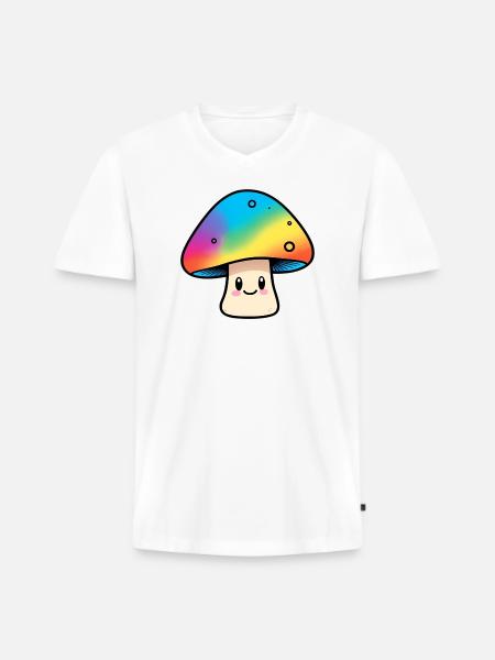 Kawaii Regenbogenpilz Design - Männer Premium Bio T-Shirt mit V-Ausschnitt - Weiß