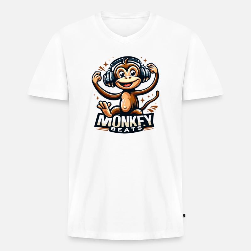 Monkey Beats Kopfhörer DJ - Männer Premium Bio T-Shirt mit V-Ausschnitt - Weiß
