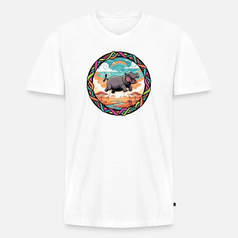 Witziger Hippo fliegendes Nilpferd bunt Savanne  - Männer Premium Bio T-Shirt mit V-Ausschnitt - Weiß