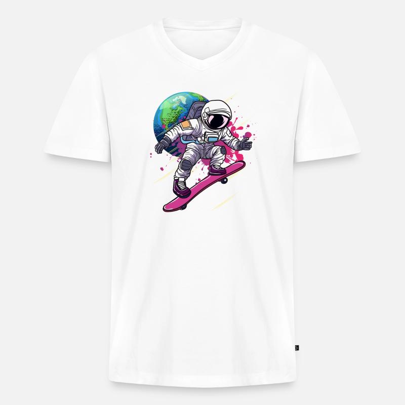 Astronaut Skateboard Erde - Männer Premium Bio T-Shirt mit V-Ausschnitt - Weiß