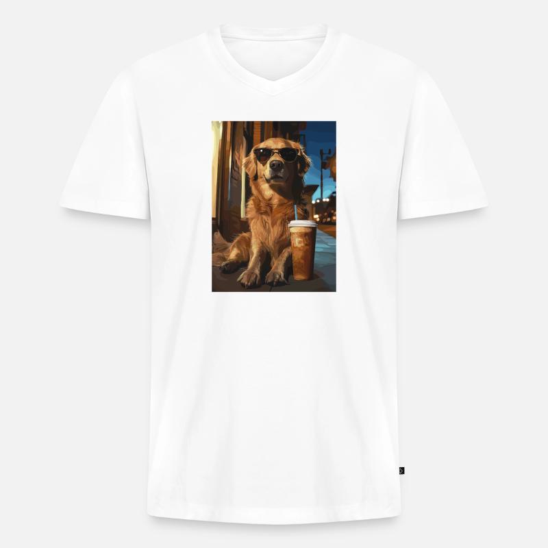 Golden Retriever mit Eiskaffee - Männer Premium Bio T-Shirt mit V-Ausschnitt - Weiß